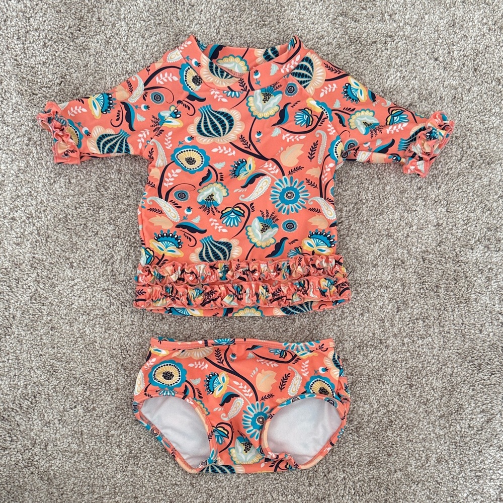 Ruffle Butts Floral Rashguard Set - Coral and Teal